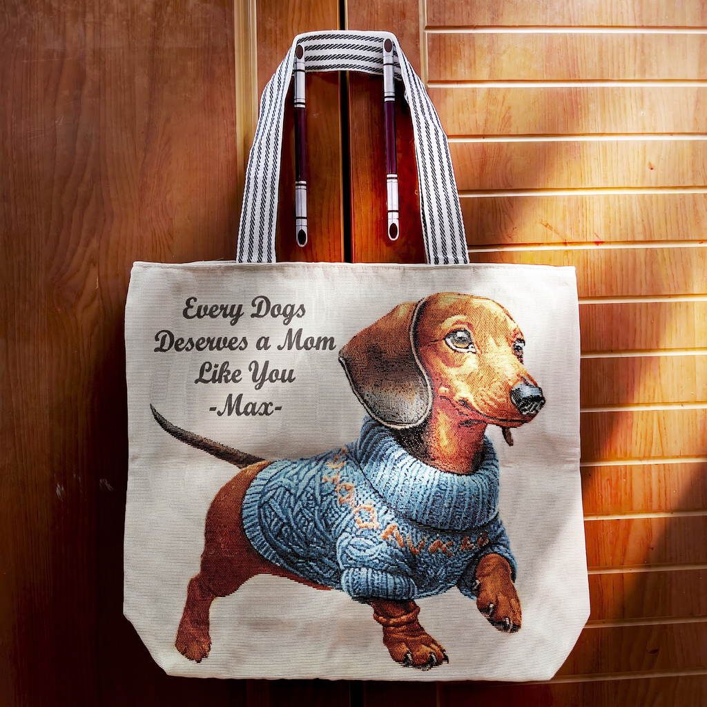 Dachshund canvas tote bag close-up showing woven textile print – custom dog mom gift bag, May Silk Co