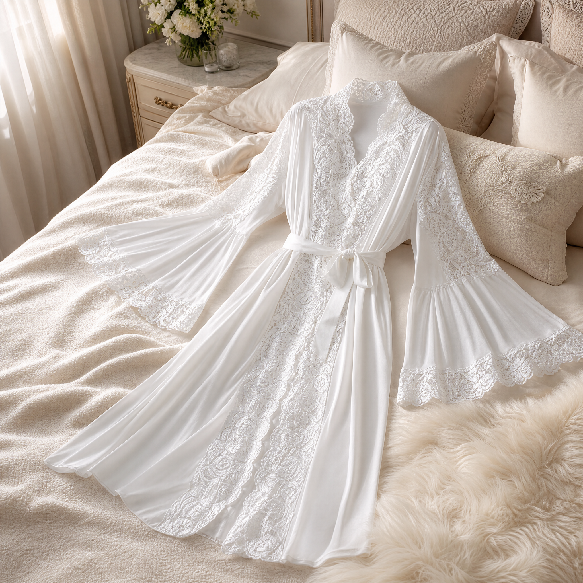 White Lace Hooded Robe – Elegant Bridal Lounge Wear