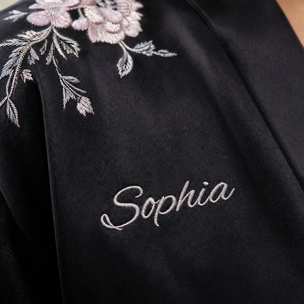 Personalize Silk Satin Robe – Short Kimono Style with Waist Tie (Black / Red)