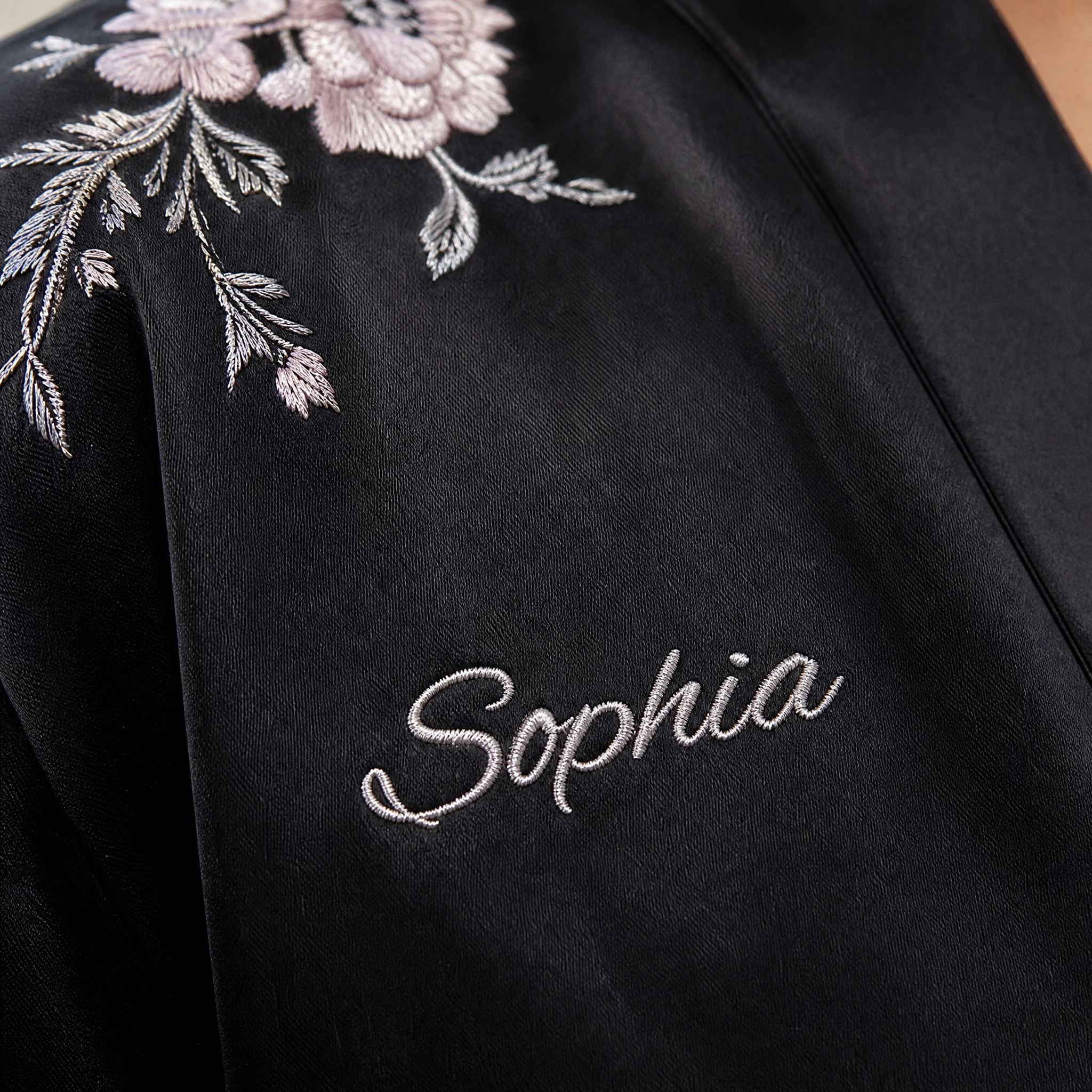 Personalize Silk Satin Robe – Short Kimono Style with Waist Tie (Black / Red)
