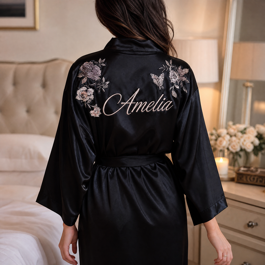 Personalize Silk Satin Robe – Short Kimono Style with Waist Tie (Black / Red)