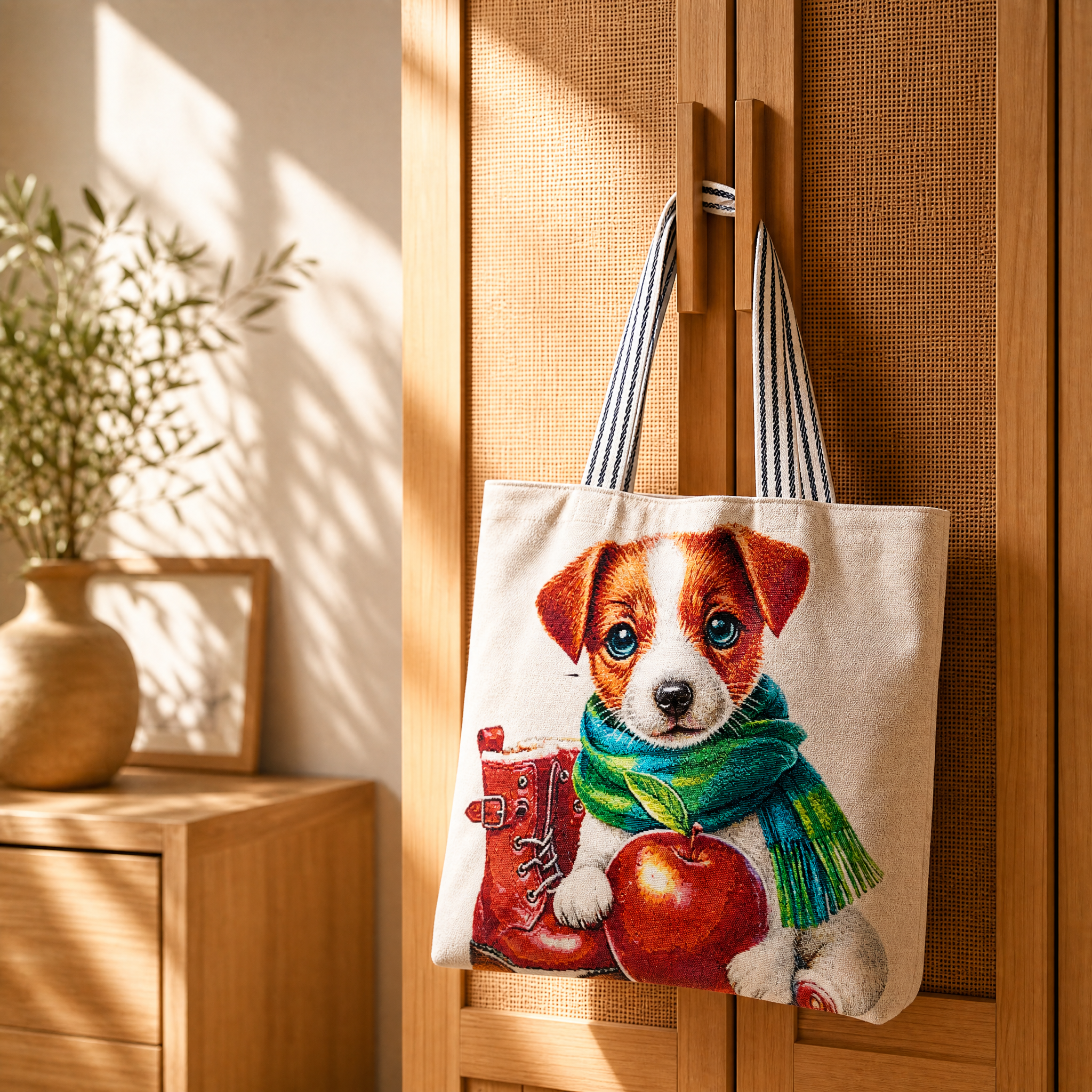 Cute Puppy Canvas Tote Bag – Apple & Scarf Dog Design Large Shoulder Bag