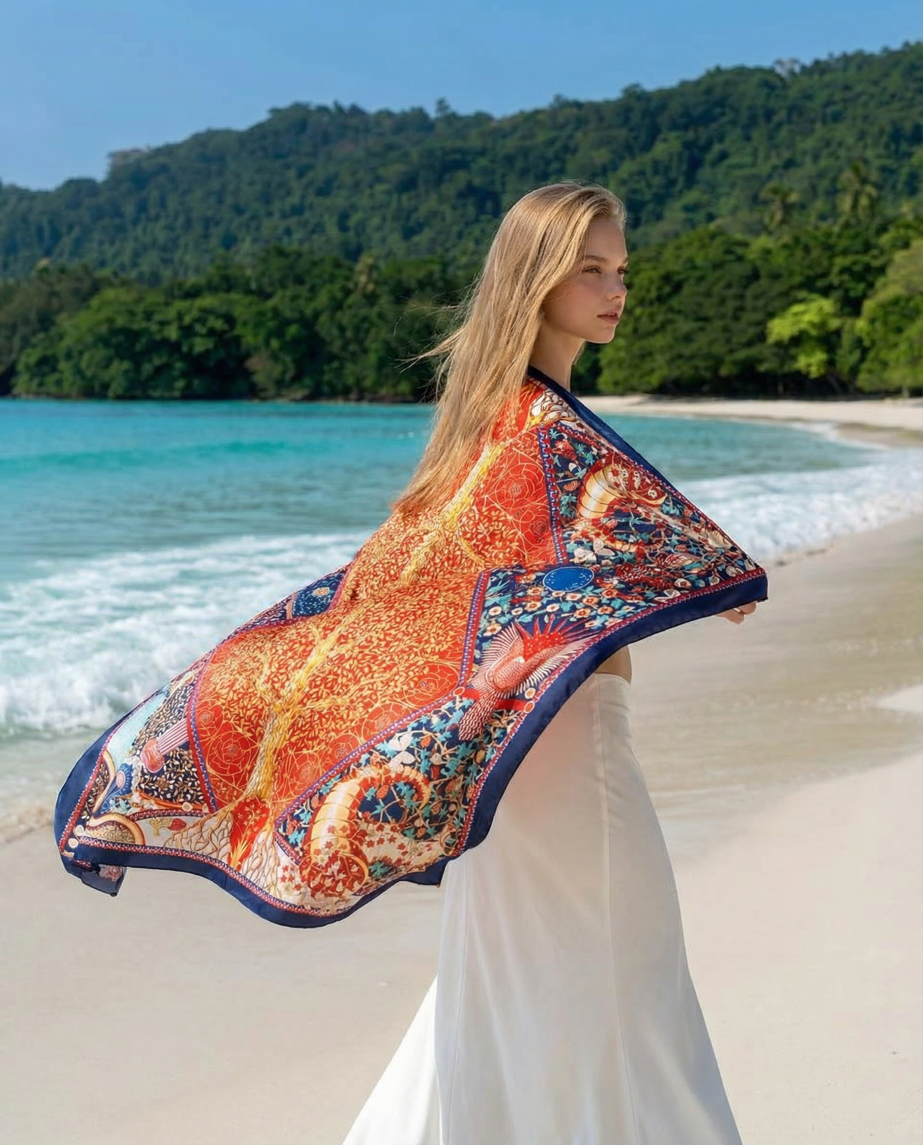 Luxury Silk Scarf – 180 x 90 Large Square Satin Wrap (Multicolor Print)