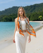 Silk Satin Scarf – 180 x90 Lightweight Long Wrap (Orange Print)