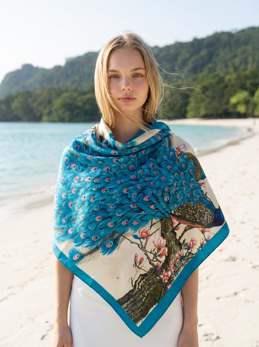 Silk Satin Scarf – 180x90 Peacock Print Large Square Shawl