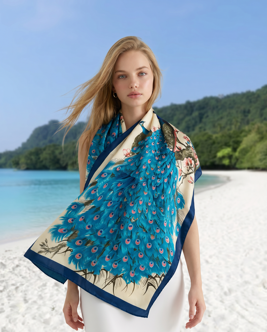 Silk Satin Scarf – 180x90 Peacock Print Large Square Shawl