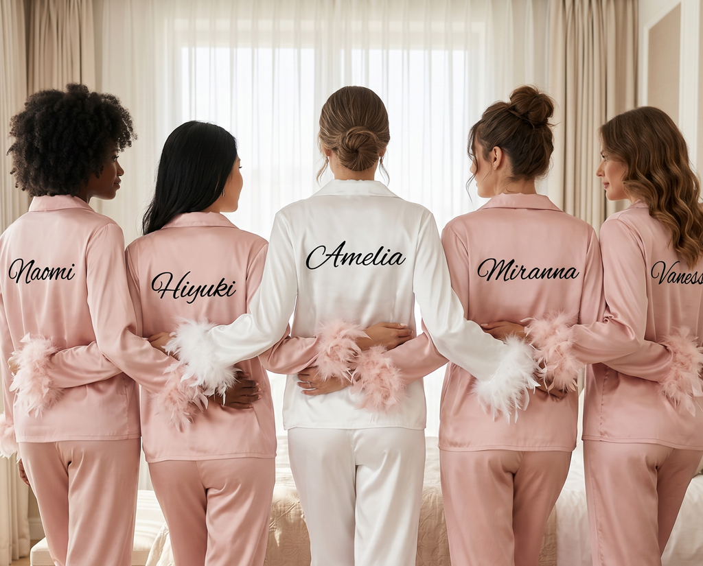 Personalized Bridesmaid Satin Pajama Set with Feather Cuffs