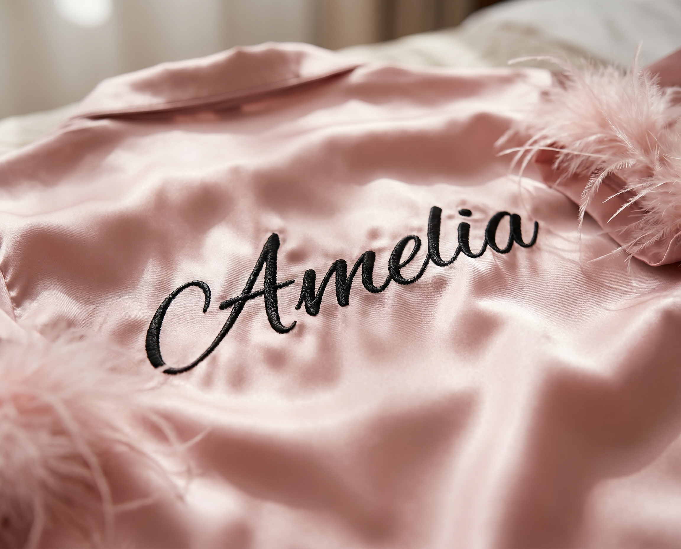 Personalized Bridesmaid Satin Pajama Set with Feather Cuffs