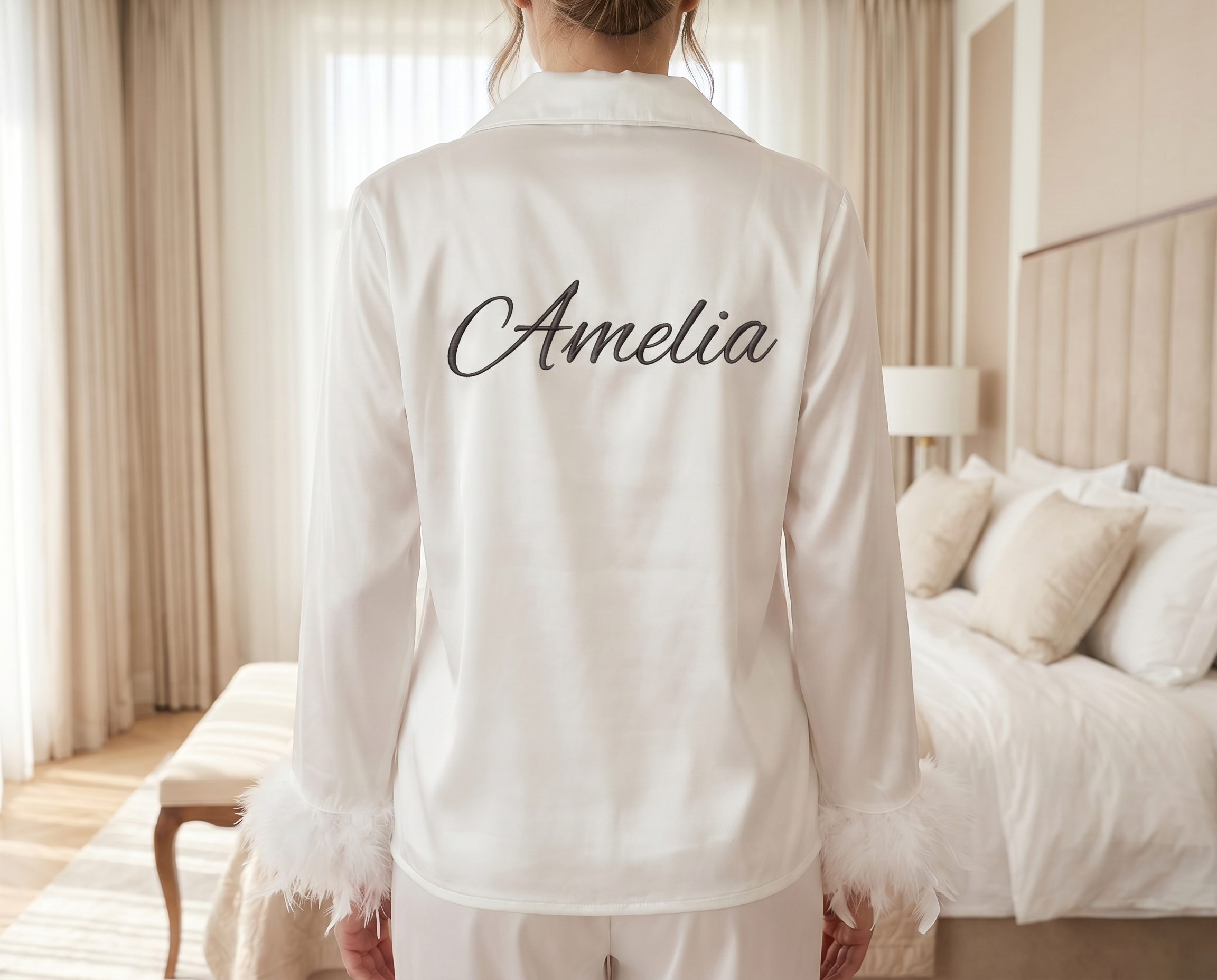 Personalized Bridesmaid Satin Pajama Set with Feather Cuffs