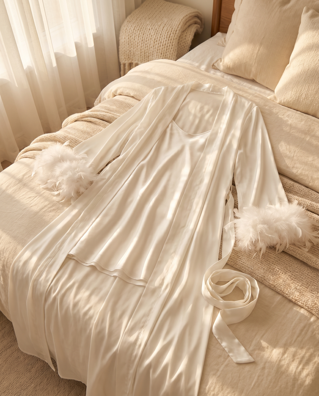 Luxury Silk Feather Trim Robe Set – Elegant Bridal & Lounge Wear