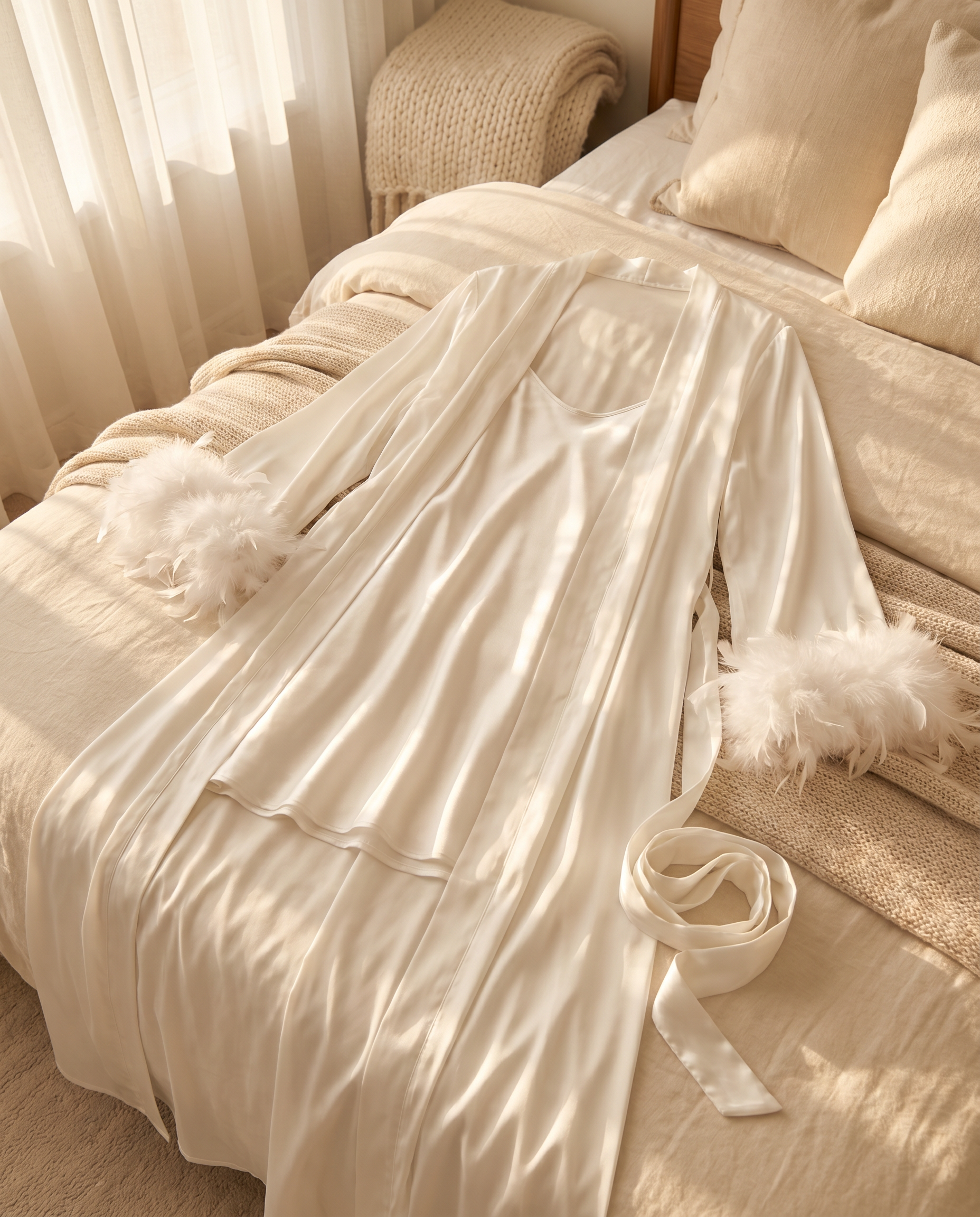 Luxury Silk Feather Trim Robe Set – Elegant Bridal & Lounge Wear