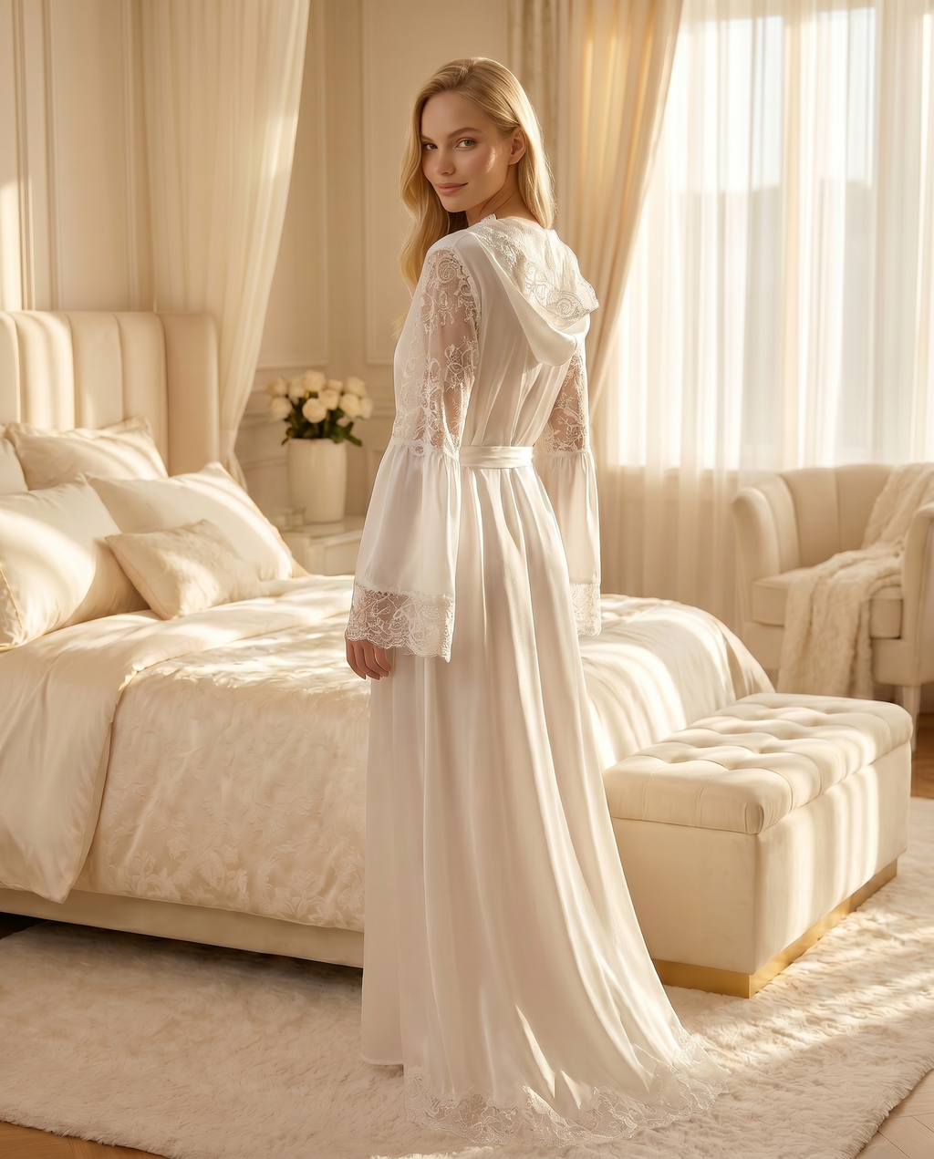 White Lace Hooded Robe – Elegant Bridal Lounge Wear