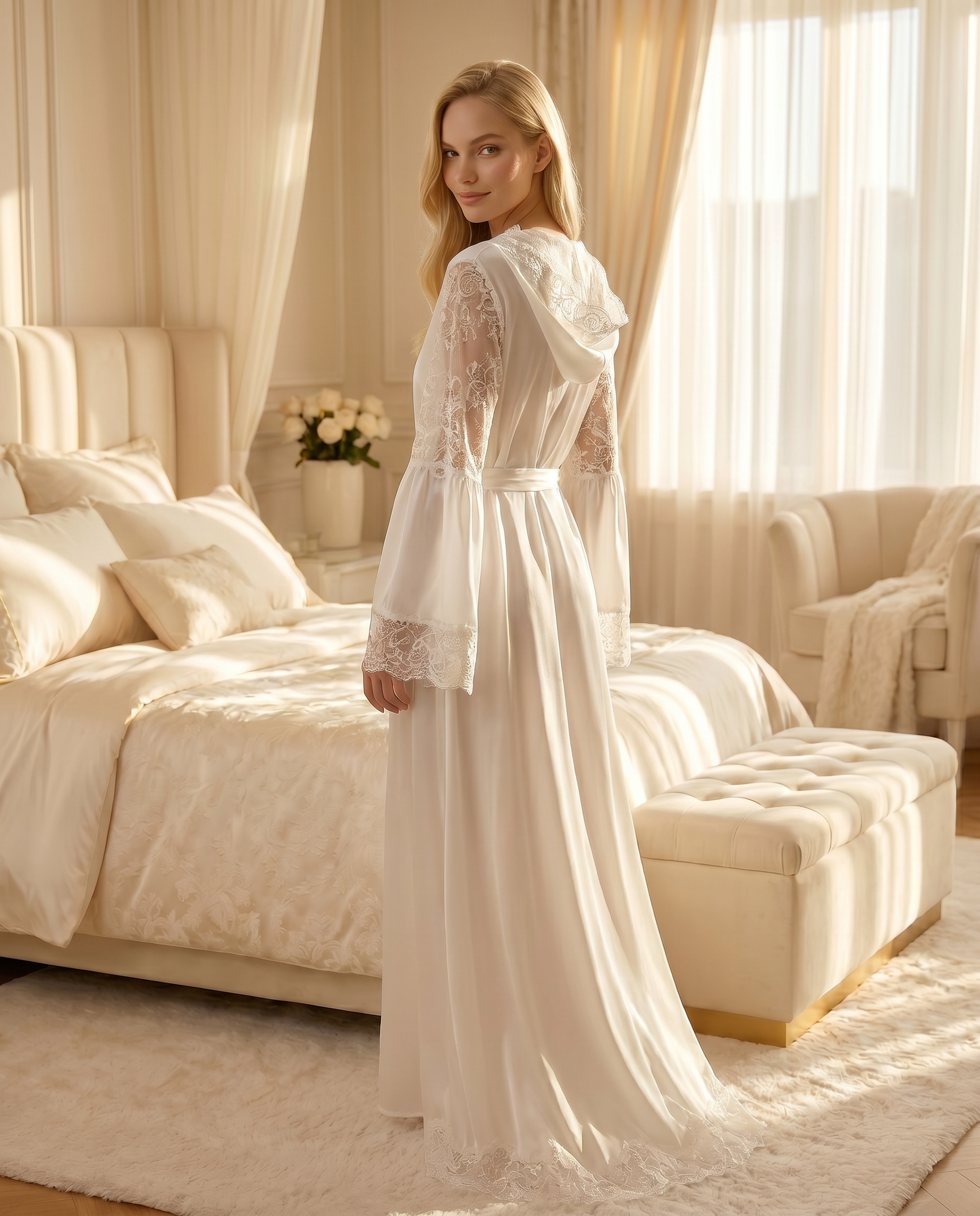 White Lace Hooded Robe – Elegant Bridal Lounge Wear