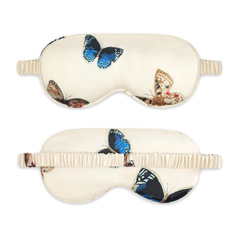 Luxury Silk Sleep Gift Set – Butterfly Print Satin Pillowcase, Sleep Mask & Scrunchie Set (Navy Blue)